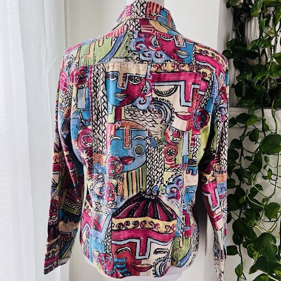 Chico's Colorful Abstract Faces Wearable Art Denim Jacket - Size 1 (Medium Sz 8) - Picture 7 of 9